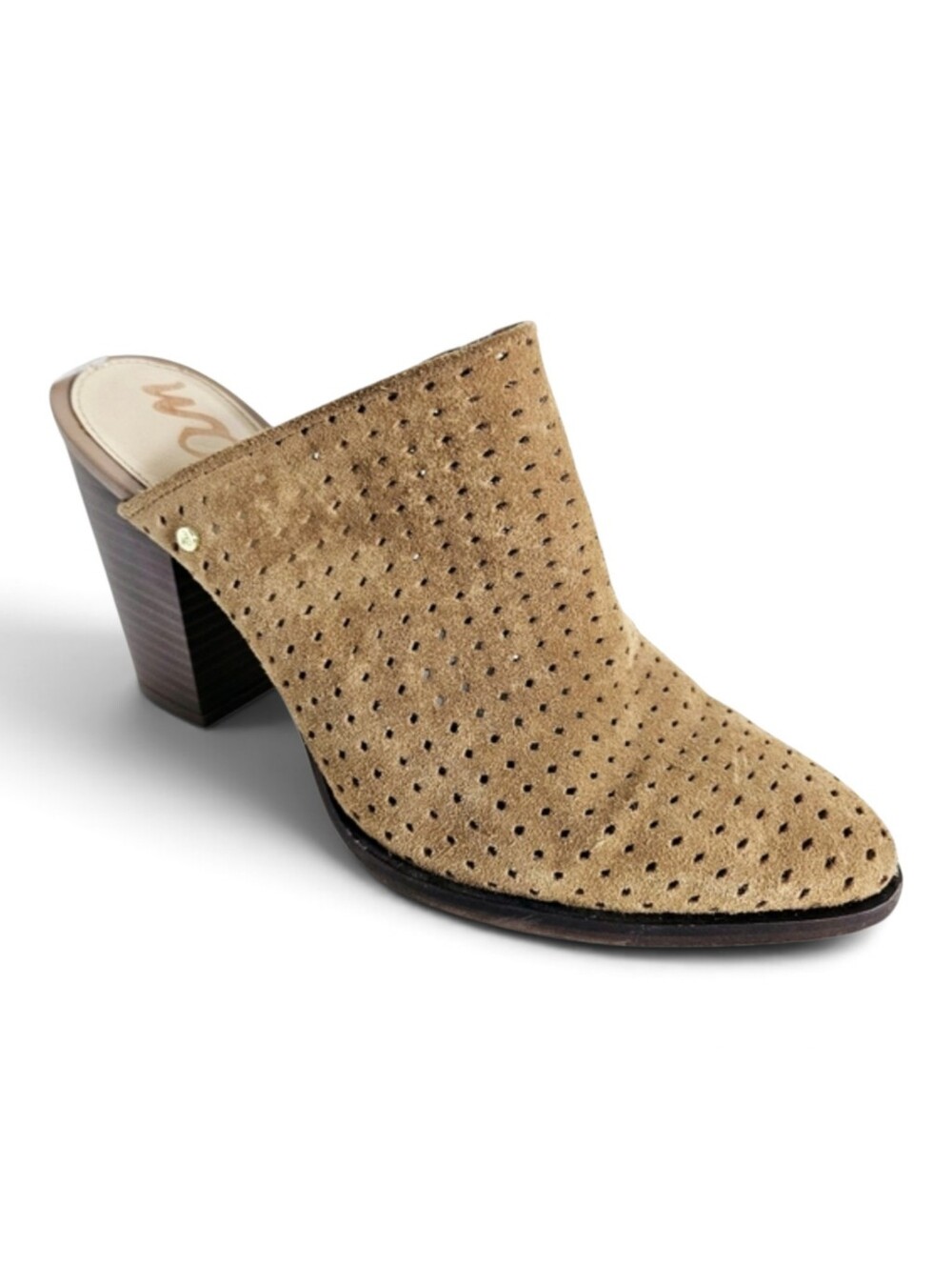 Sam Edelman Mules Size 7.5 Bates Perforated Suede Pointed Toe Block Heel Tan